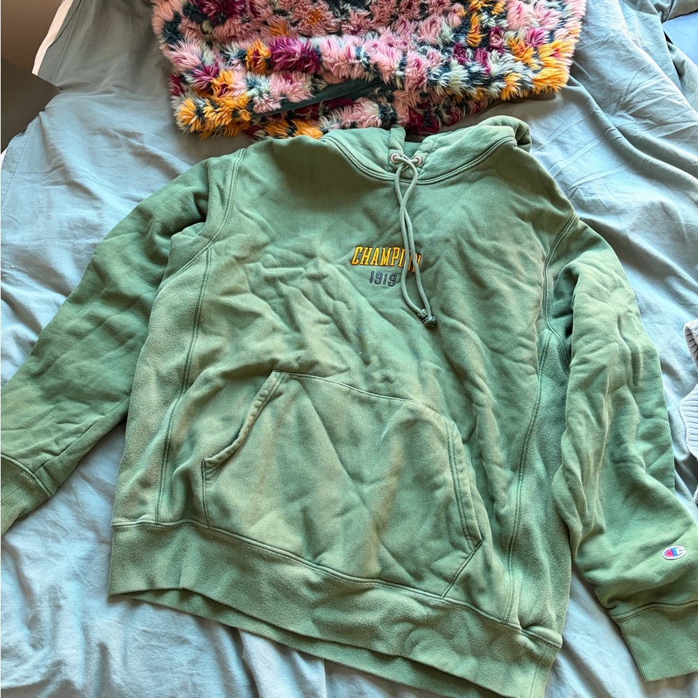 Champion Sage Green Crewneck Hoodie with Embroidered Logo